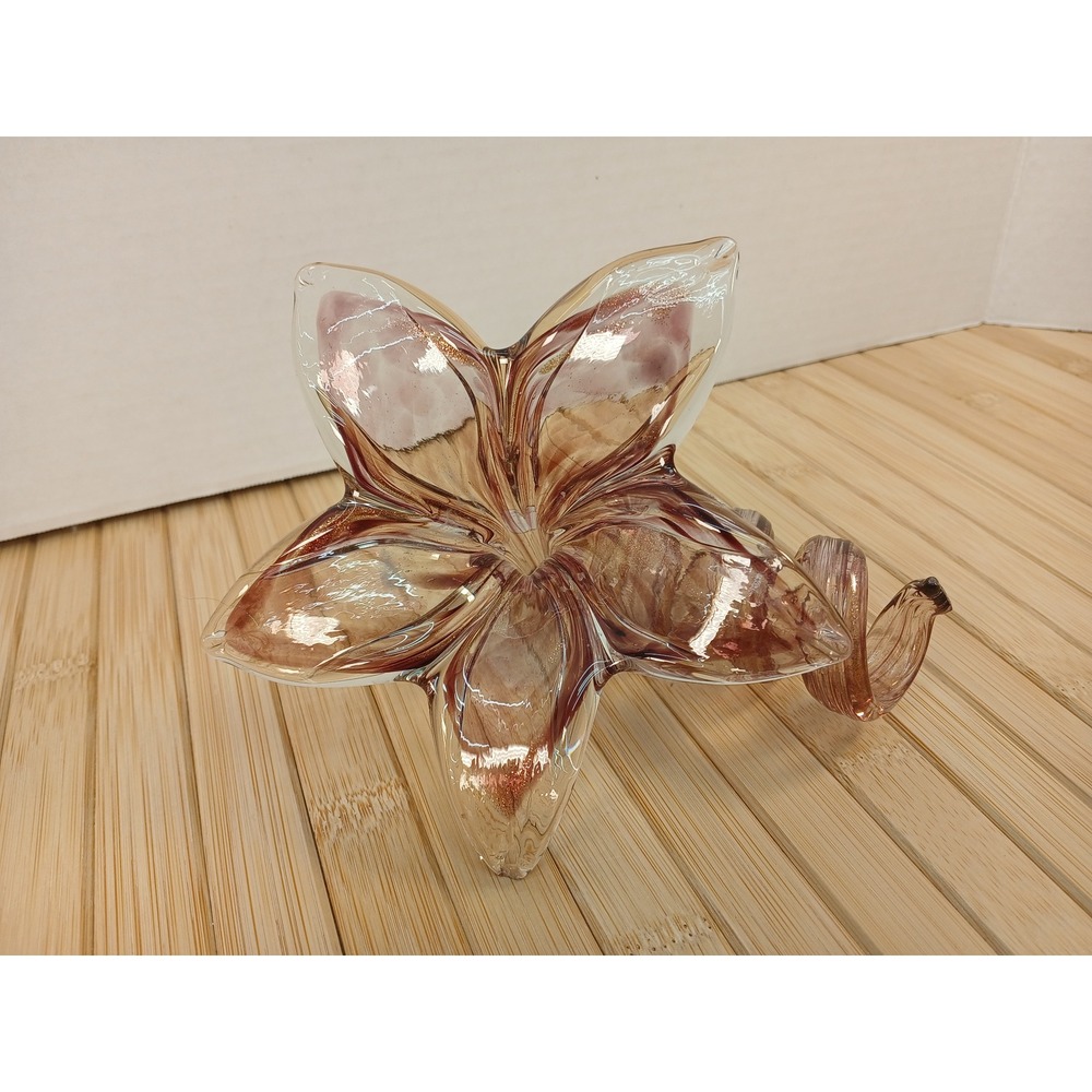 Hand Blown Art Glass Flower Figurine Brown Coffee Gold Aventurine Spiral Stem